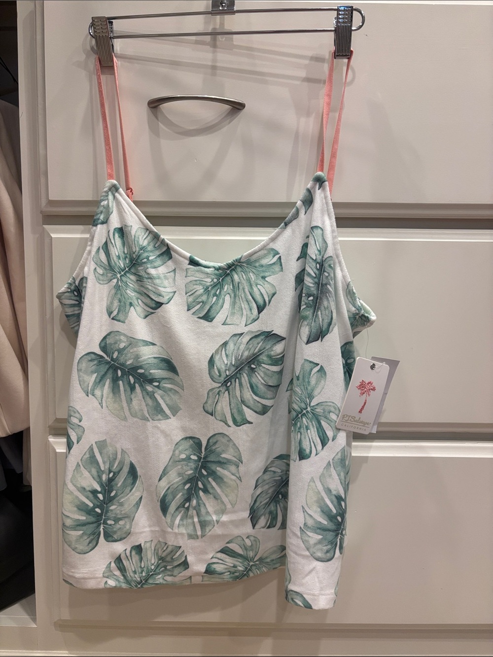 P.J. Salvage White Chemise with Green Leaf Print and Pink Straps